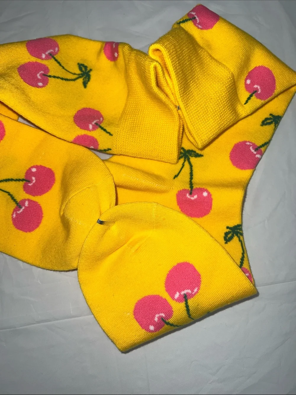 Bright Yellow Cherry Print Crew Socks Vibrant Pink Fruit Pattern